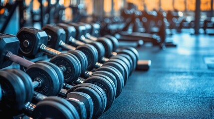 a row of dumbbells in a gym