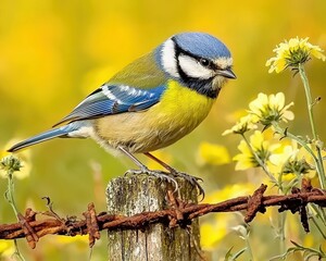 Obraz premium Blue tit perched on rustic fence post amidst wildflowers in sunlit field