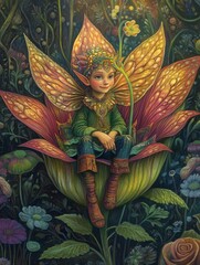 hand draw Illustration of happy elf inside big flower in fantasy forest for children's book  