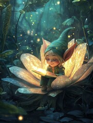 Illustration of happy elf inside big flower in fantasy forest for children's book  