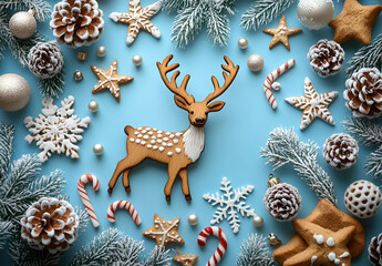 Festive Christmas background with snow-covered decorations and a wooden reindeer on blue