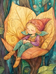 hand draw Illustration of happy elf inside big flower in fantasy forest for children's book  