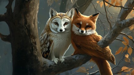 Fototapeta premium A charming scene of an owl and a fox nestled together on a tree branch in a serene forest setting.