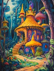 hand draw Illustration of fantasy house in fantasy forest for children's book  