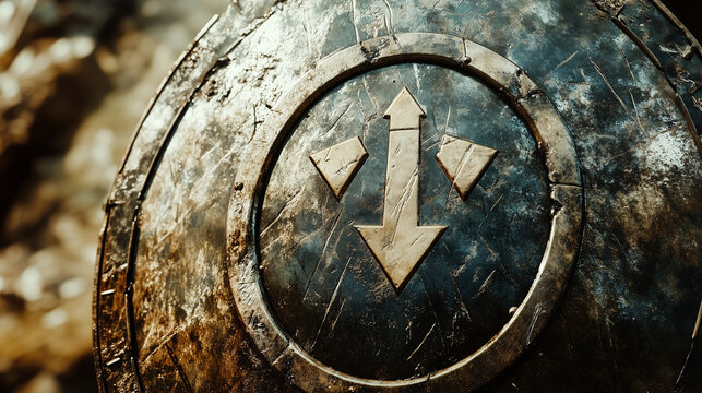 A close-up of a Spartan shield with an embossed Lambda symbol, weathered and scratched from battle