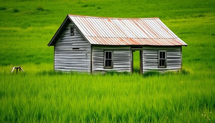 Obraz premium Abandoned farmhouse in a vibrant green meadow with wildflowers and tall grasses 