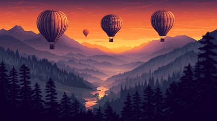 Fototapeta premium A breathtaking illustration of hot air balloons floating over a serene mountain valley at sunrise. The vibrant hues of orange and purple highlight the layers of trees and mountains, creating a dreamy 