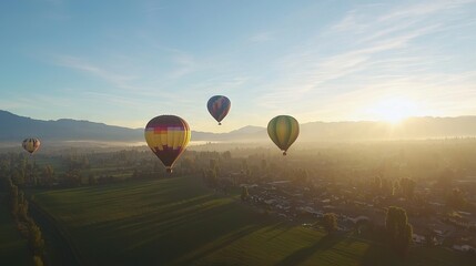 Fototapeta premium Aerial view of colorful hot air balloons over a serene landscape at sunrise.