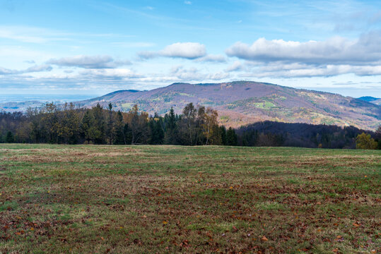 Velka Cantoryje and Mala Czantoria from Velky Sosov hill in autumn Slezske Beskydy mountains