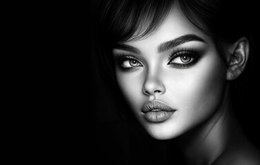 Fototapeta premium Black and white woman beauty model face. Portrait of sexy african american girl. Pretty lady, fashion makeup, skin and hair. Glamour female. Young elegant woman on black background. Studio portrait bg