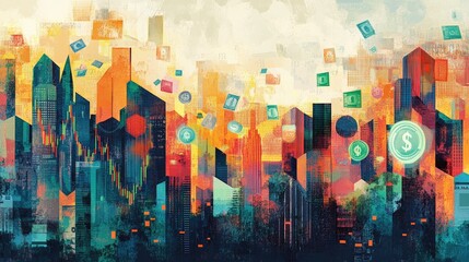 Obraz premium Background featuring a fluctuating stock chart, scattered banknotes, global currency symbols, and financial trends, [stock chart, banknotes, currency], [financial dynamics]