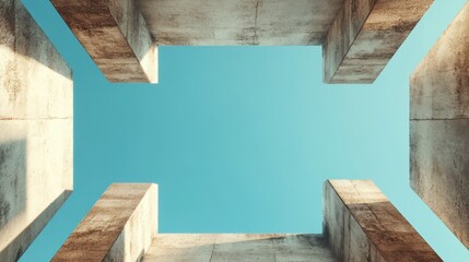 Viewed from below, sturdy concrete pillars create a frame around a vibrant sky, merging elements of nature and architecture, evoking freedom and strength.