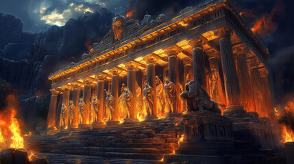 A Spartan temple with intricate carvings and statues of warriors, illuminated by flickering torches