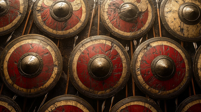 A Spartan shield wall holding strong against an onslaught of arrows, many embedded in the shields