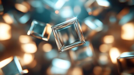 A composition of abstract cubes suspended in an atmospheric blur of blue and brown hues, suggesting dynamic movement and modern design aesthetics.