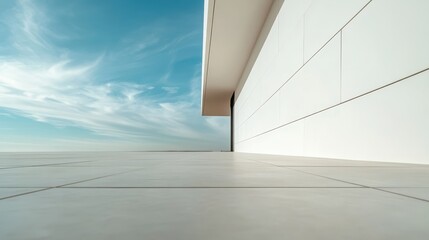 Obraz premium A spacious exterior design showcasing a sleek tiled pathway leading to a contemporary building facade, framed against a vibrant sky with cloud patterns.