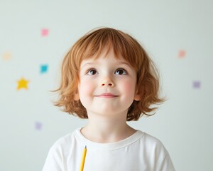 A cheerful child with curly red hair smiles while holding a pencil, surrounded by colorful wall decorations.