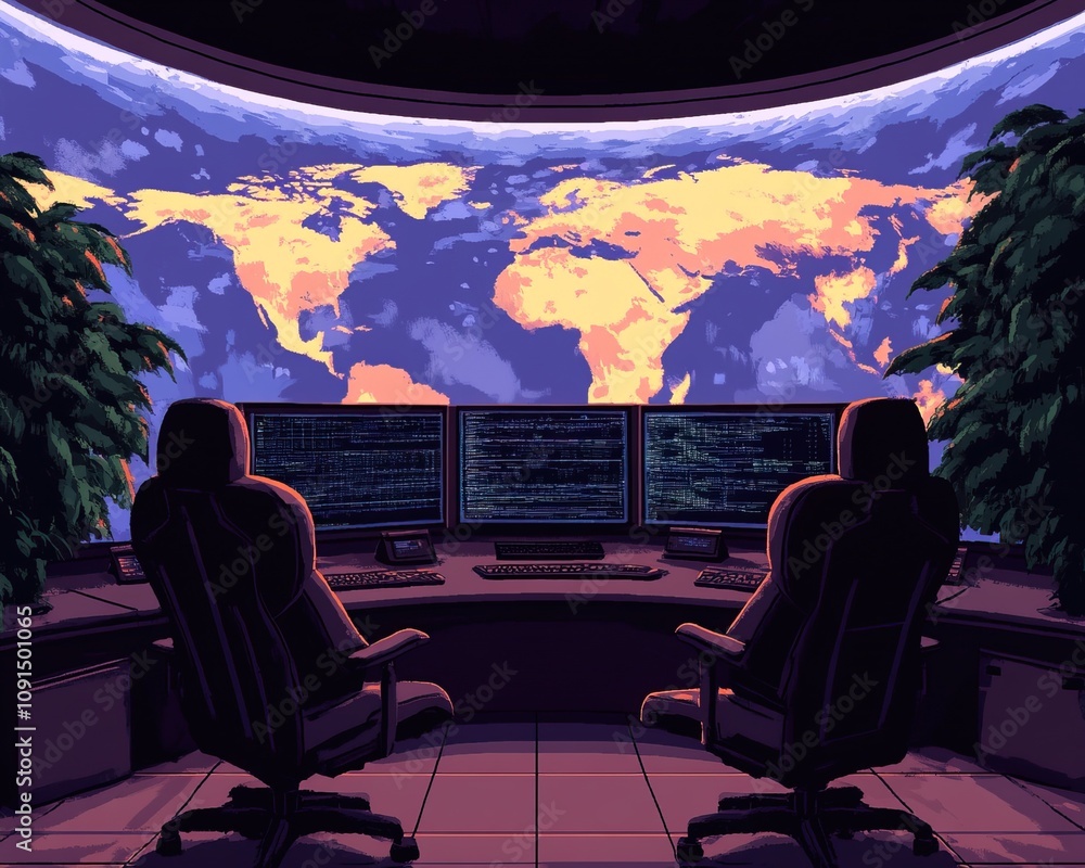 Poster a high-tech control room with two chairs facing multiple screens, showcasing a glowing map of the wo