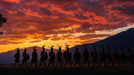 Fototapeta premium A dramatic sunrise over the mountains of Laconia, with Spartan warriors silhouetted as they march in formation