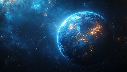 Obraz premium Planet Earth at night, illuminated by city lights, set against a backdrop of a star-studded, blue nebula.