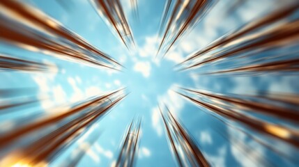 An artistic blur of skyscrapers soaring into the sky, creating a dizzying effect against a bright backdrop of clouds, capturing urban movement.