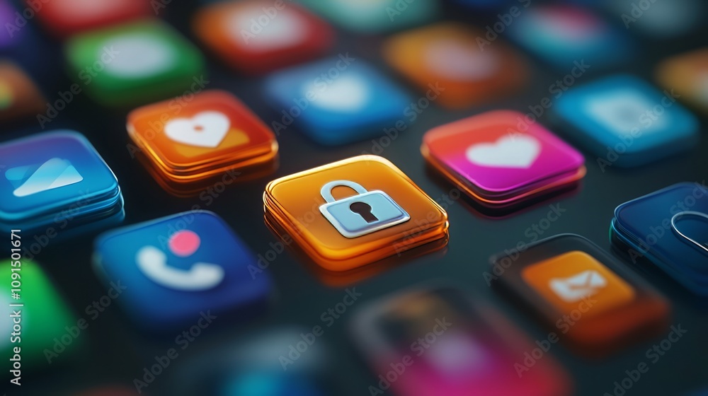 Poster a collection of colorful app icons with a prominent lock symbol, symbolizing security and privacy.