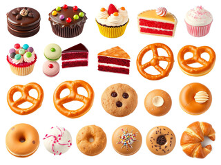 A variety of donuts and sweet treats displayed on a white background, showcasing colorful icing and toppings.