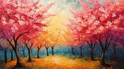 Vibrant Pink Blossom Trees In A Golden Autumnal Grove