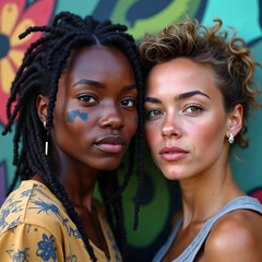 Obraz premium Friends with colorful face paint smile warmly in front of a vibrant mural, capturing the joy of friendship and cultural celebration in a lively setting.