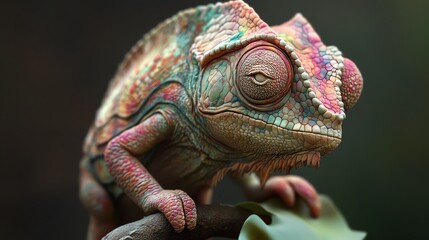 Obraz premium A colorful chameleon perched on a branch, showcasing its vibrant skin and unique features in a natural setting.