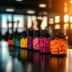 Obraz premium Bright packaging of recovery supplements on a gym counter, showcasing modern fitness products.