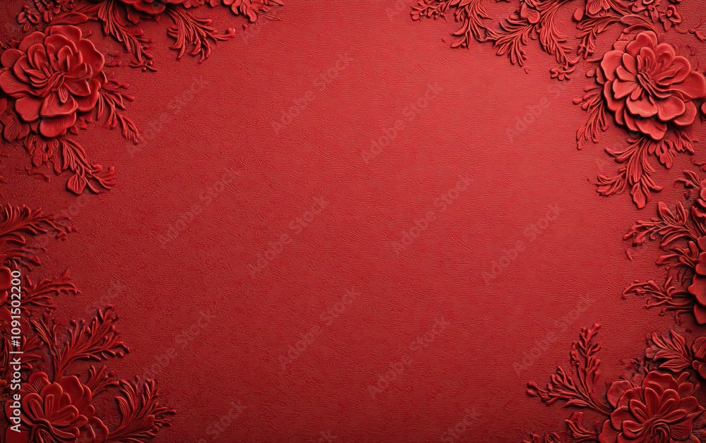 Poster a textured red background adorned with intricate floral patterns, creating an elegant and rich visua