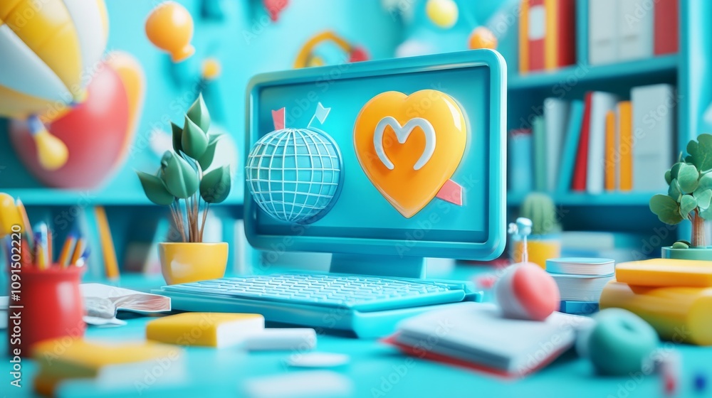 Poster a colorful workspace featuring a computer with heart and globe icons, surrounded by stationery.