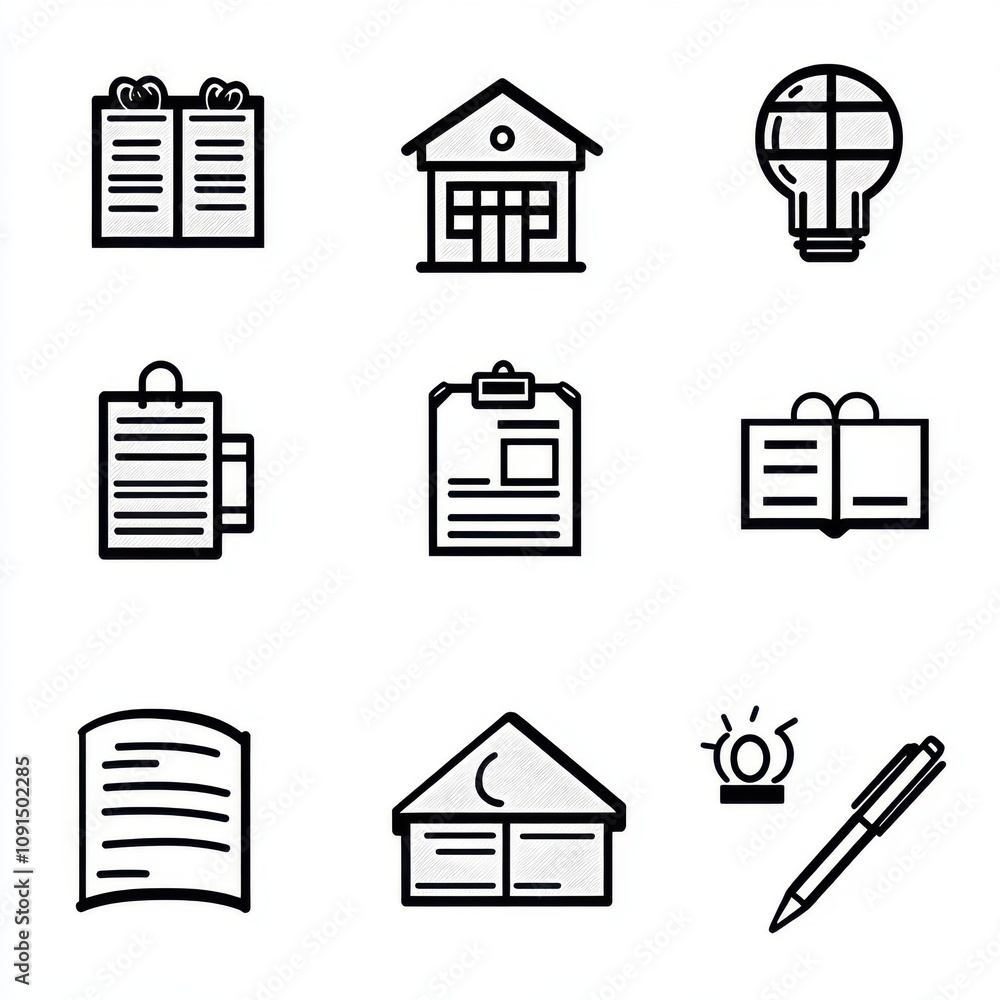 Poster a collection of simple black line icons representing various office and documentation elements.