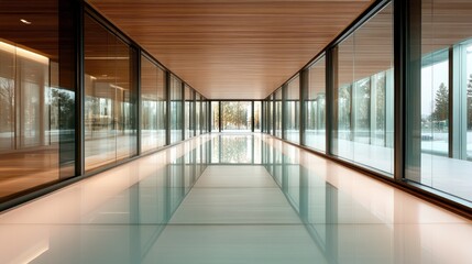 A sleek, modern indoor swimming pool is framed by glass walls, providing a tranquil and stylish environment with a view of the serene outdoor landscape.