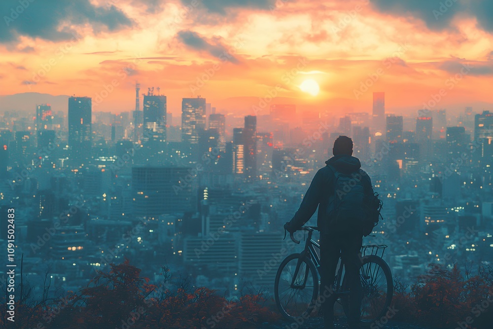 Wall mural Bicyclist enjoys a city sunset view