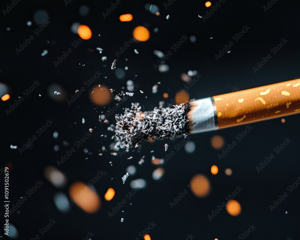 Poster a dynamic close-up of a spark igniting, with vibrant particles and ash dispersing against a dark bac