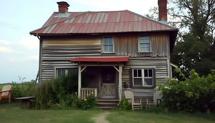 Rustic old house with a red roof and wooden exterior surrounded by greenery and nostalgia