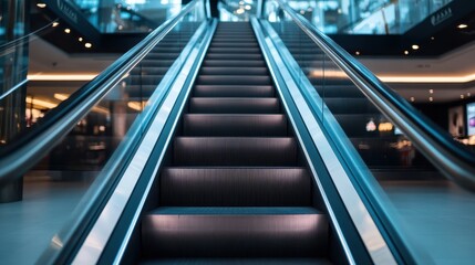 Obraz premium This image captures a modern escalator in a shopping mall, emphasizing its sleek design and bustling environment, ideal for themes of commerce and modern life.