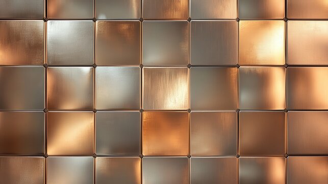 An array of square metallic tiles with reflective surfaces creating captivating light interactions and shadows, representing modernity and sophistication. - Powered by Adobe