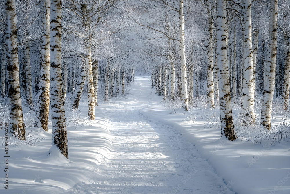Poster snowy path through birch trees in a winter wonderland setting
