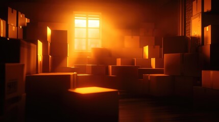 Cozy storage room bathed in warm, golden light, featuring an array of stacked cardboard boxes, creating a peaceful atmosphere indicative of relocation or organization.