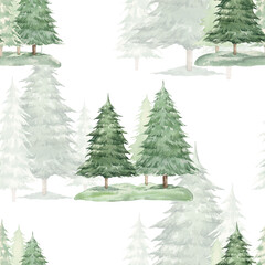 Obraz premium Watercolor seamless pattern with green fir trees or spruces. Botanical fir trees. Noel firs print, winter frozen pine trees on blue background, wallpaper, wrapping paper design