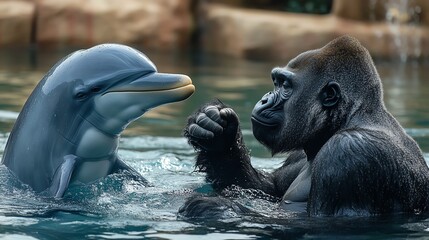 A dolphin and a gorilla interact playfully in a tranquil water setting, showcasing unique animal behavior.