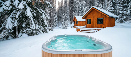 Cozy winter cabins with hot tub in snowy forest retreat