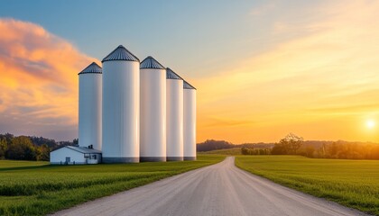 Obraz premium A serene landscape featuring large silos beside a dirt road, with a vibrant sunset creating a picturesque rural scene.