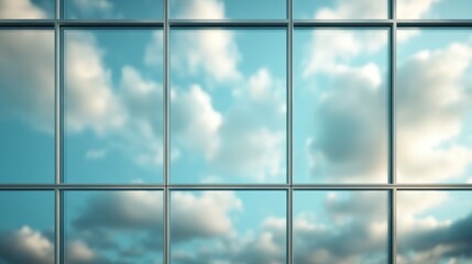 This image shows a grid of windows reflecting a blue sky with fluffy clouds, creating a serene and architectural aesthetic. Ideal for illustrating modern architecture.