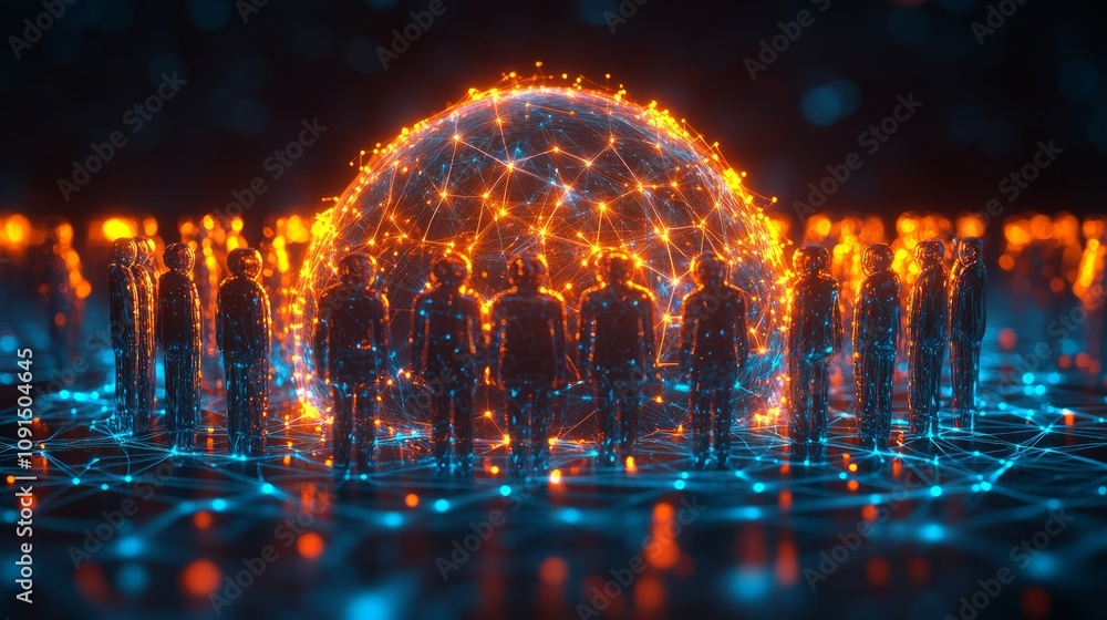 Poster a digital representation of interconnected figures surrounded by a glowing network.