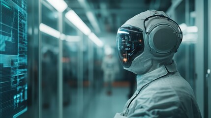 A futuristic astronaut wearing a high-tech white suit and helmet is intently analyzing a digital data screen within a space station environment.