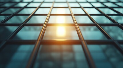 Golden sunlight streams through a grid of glass structures, creating a harmonious balance of light and geometry in a sleek, modern architectural design.